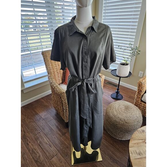 Lands' End Indigo Tencel Fiber Midi Dress Women's 1X Army Green Preppy Safari - Picture 1 of 9